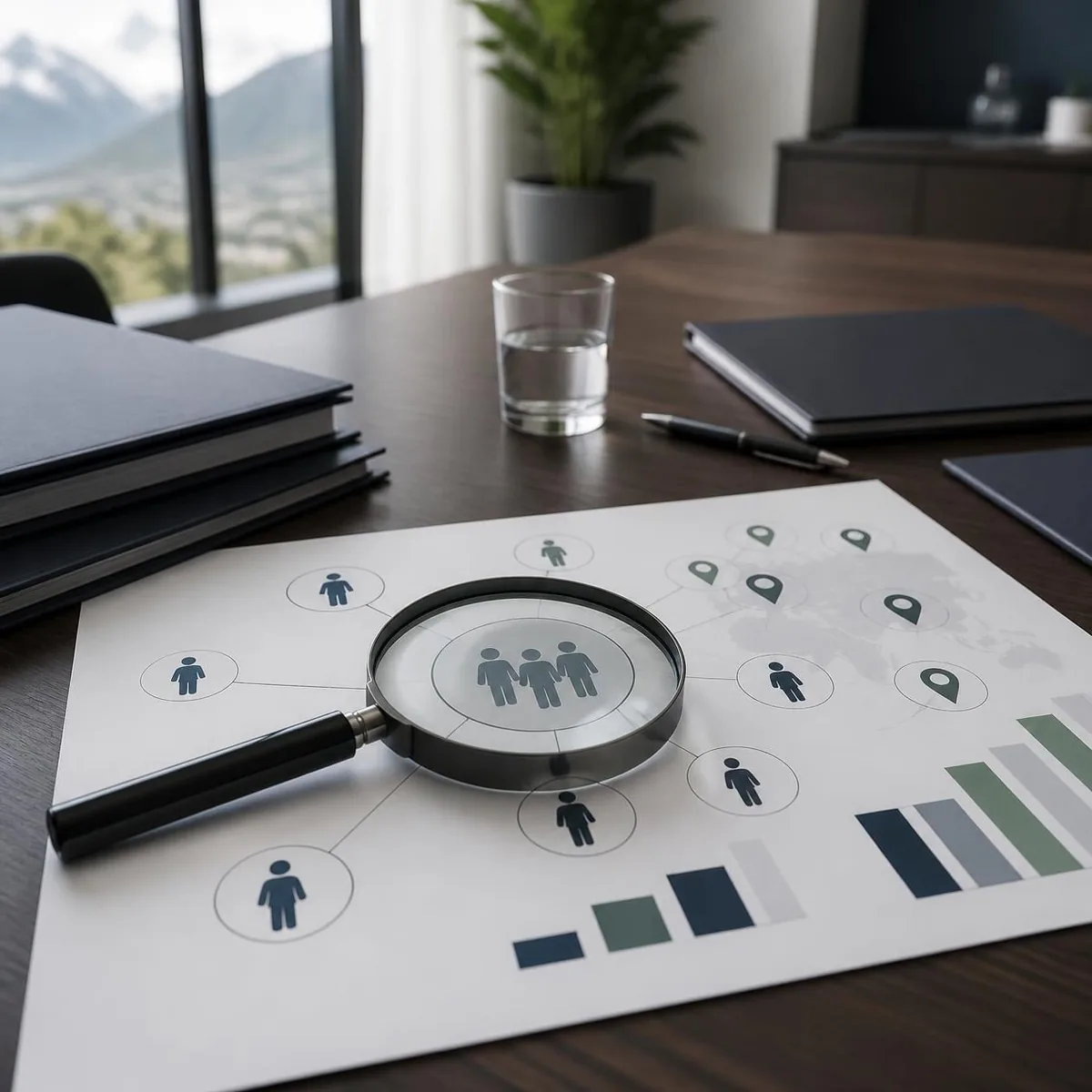 Magnifying glass over a workforce network and staffing metrics during buyer due diligence.
