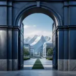 Architectural gateway opening toward a modern Swiss business district beneath distant Alpine peaks.