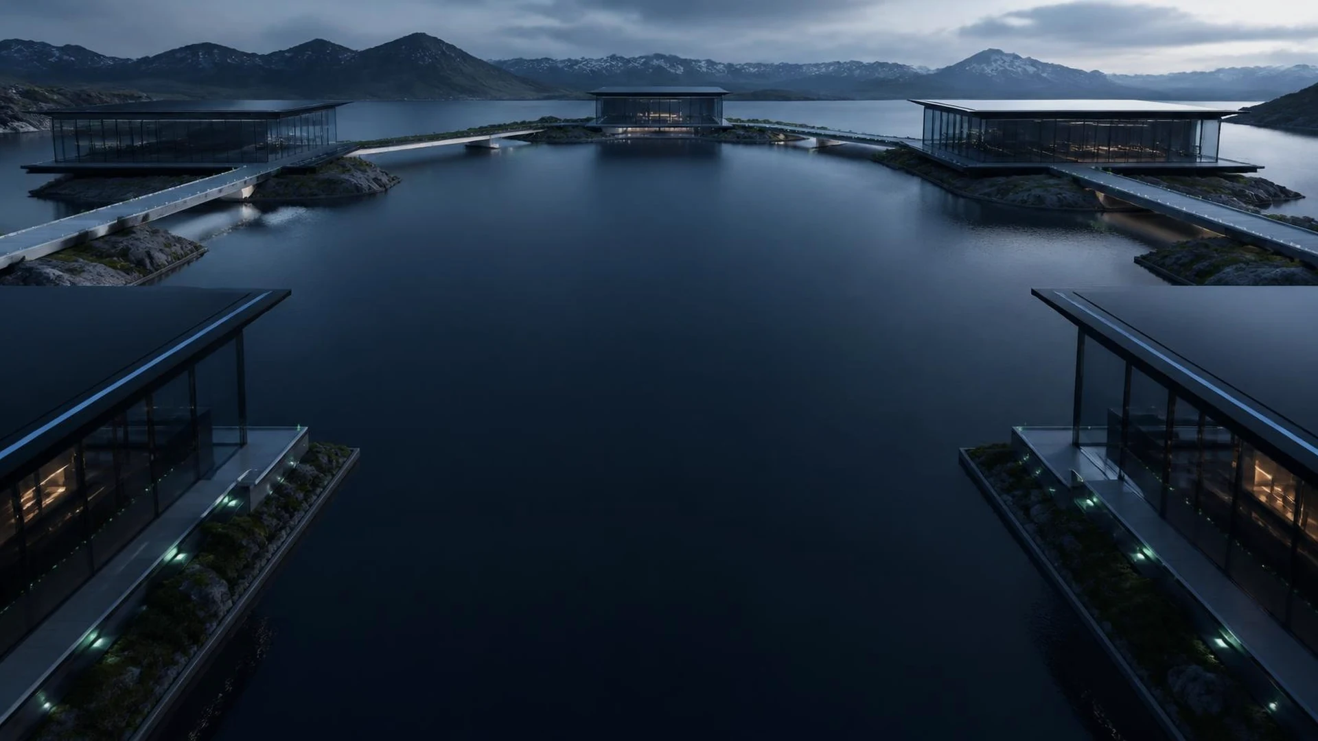 Connected advisory pavilions around a calm Alpine business campus at blue hour.