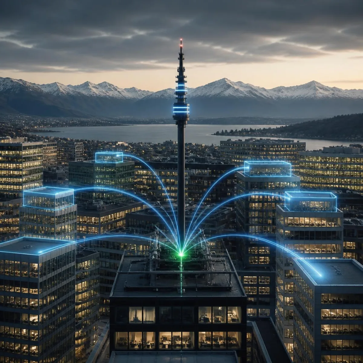 Communication mast broadcasting opportunity signals across a Swiss business cityscape.
