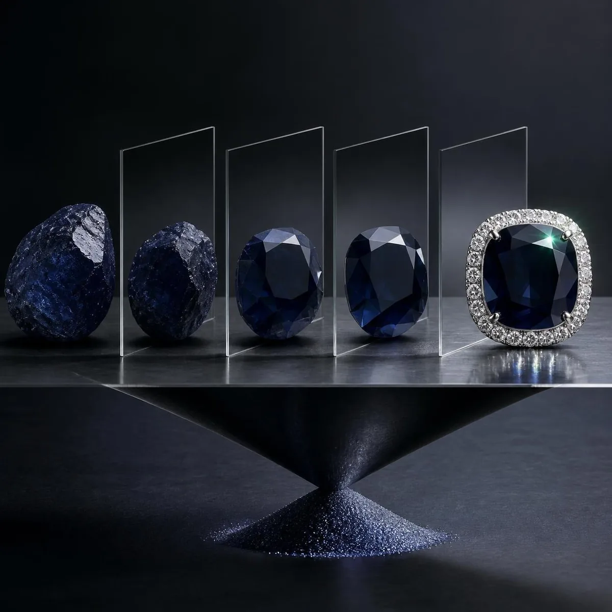Business asset progressing through refinement stages into a premium faceted form.