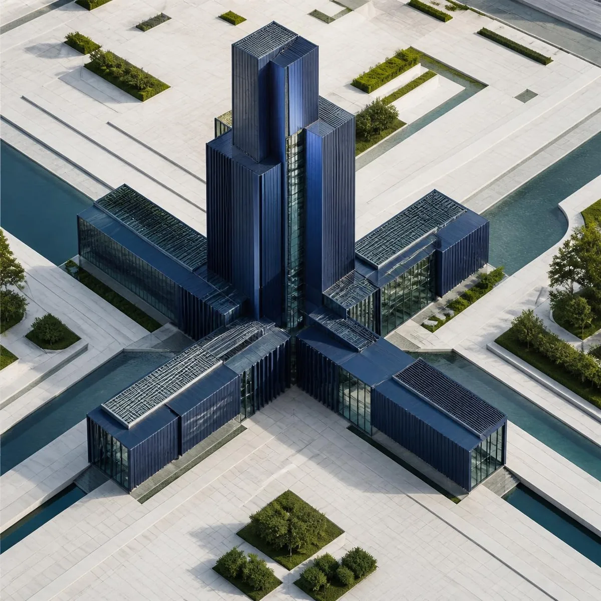 Separate architectural volumes converging to form one strong central business tower.