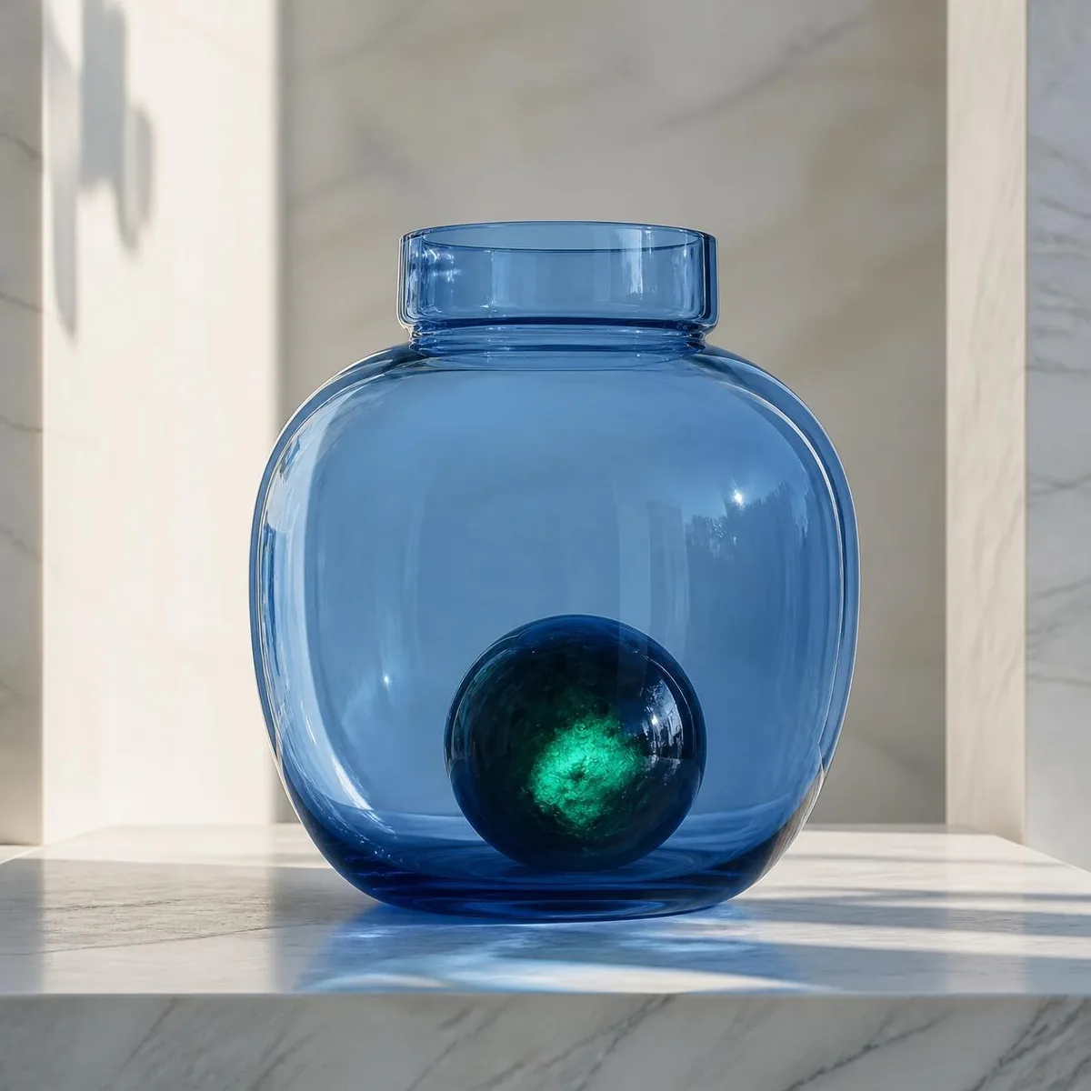 Large transparent vessel surrounding a smaller dense core with a green center.