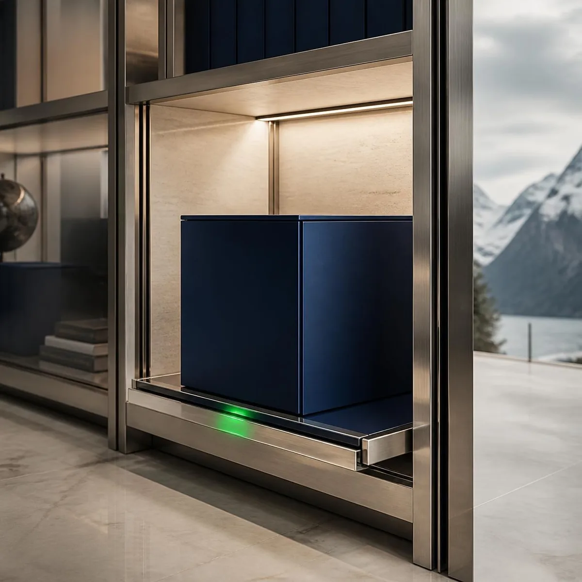 Pristine corporate module poised to enter an illuminated Swiss commercial framework.