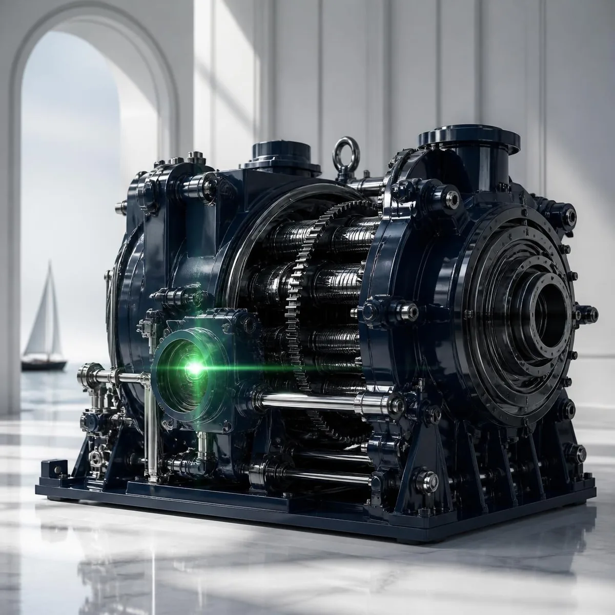 Precision transaction engine restarting with a restrained green ignition glow.