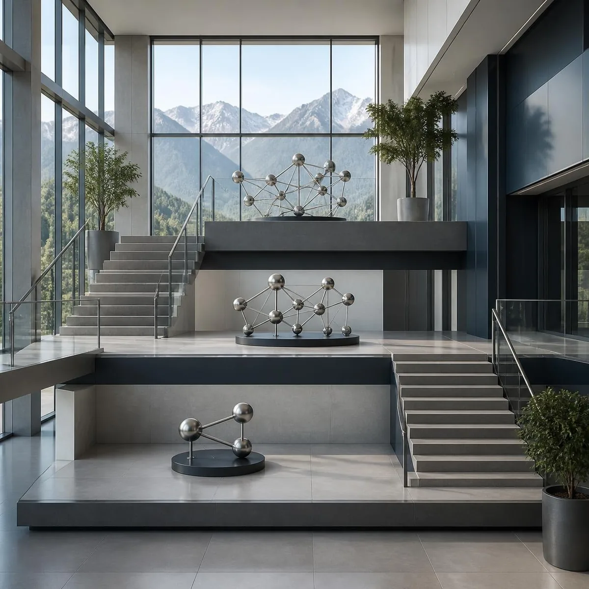 Three ascending levels with increasingly connected workforce-network sculptures in a modern Alpine atrium.