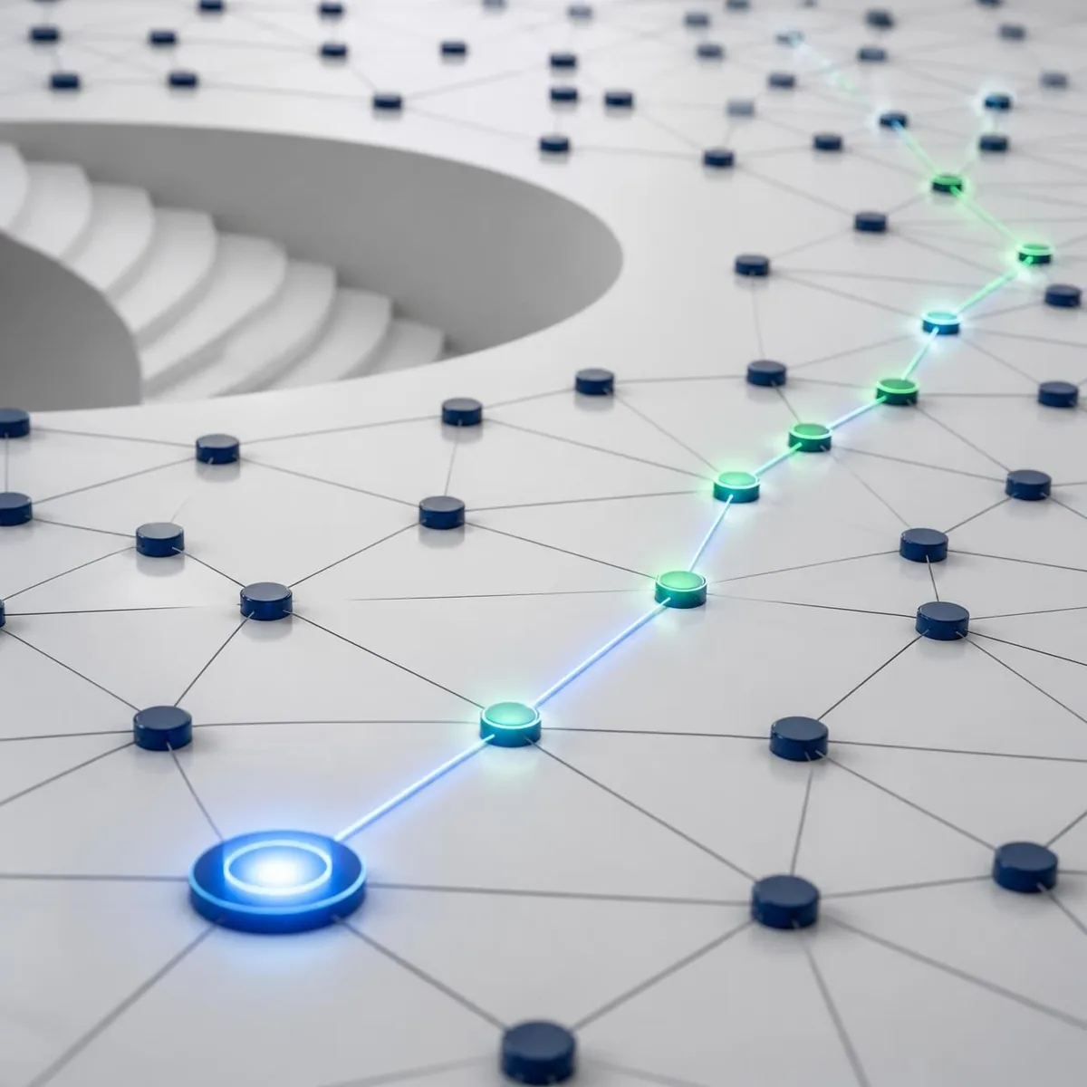 Sharp blue pulse activating a previously dormant executive-search network.