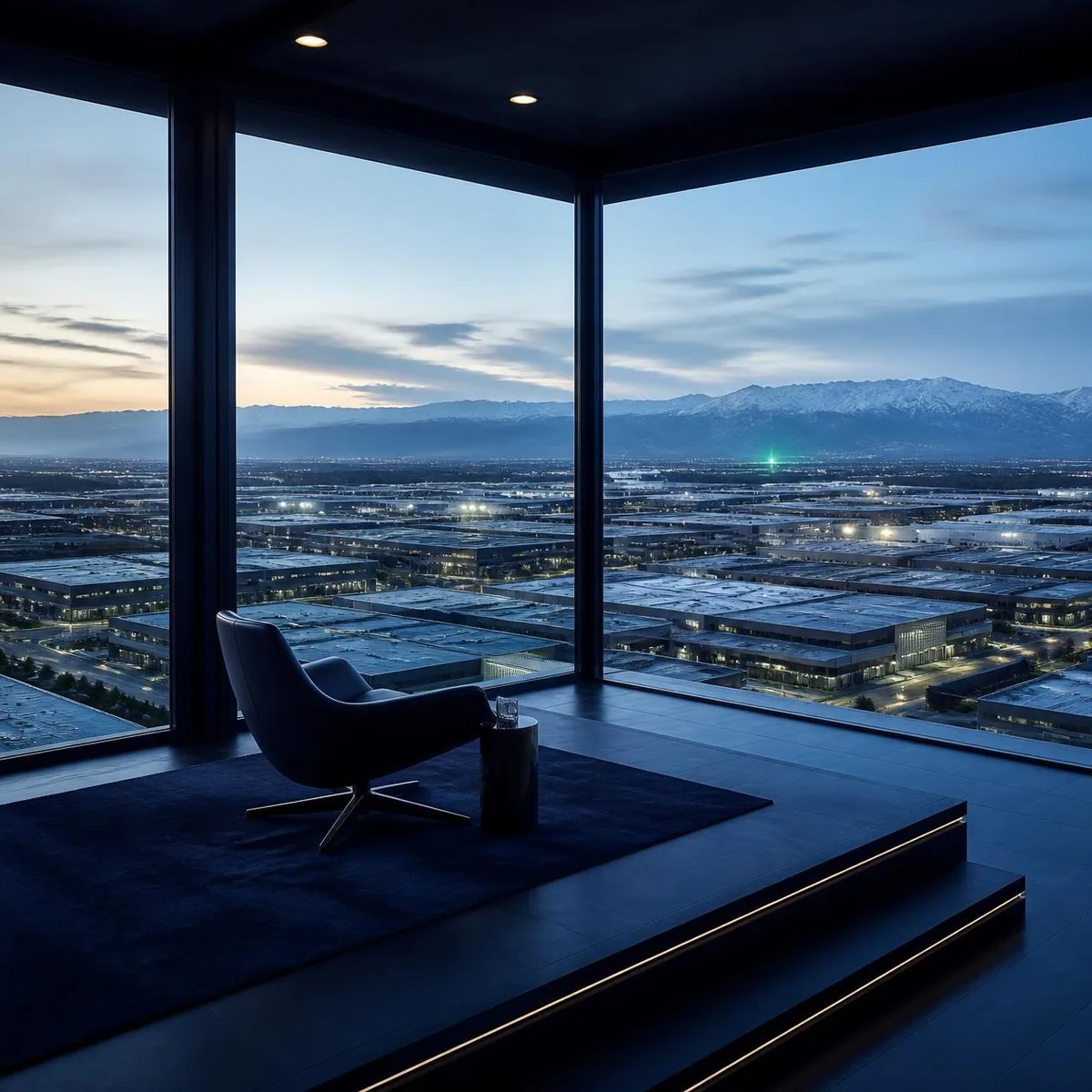 Empty executive observation pavilion overlooking an interconnected Alpine business landscape.