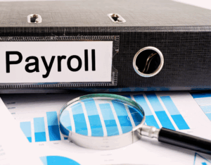 Folder labeled Payroll with documents inside, symbolizing salary management, employee payments, and HR administration